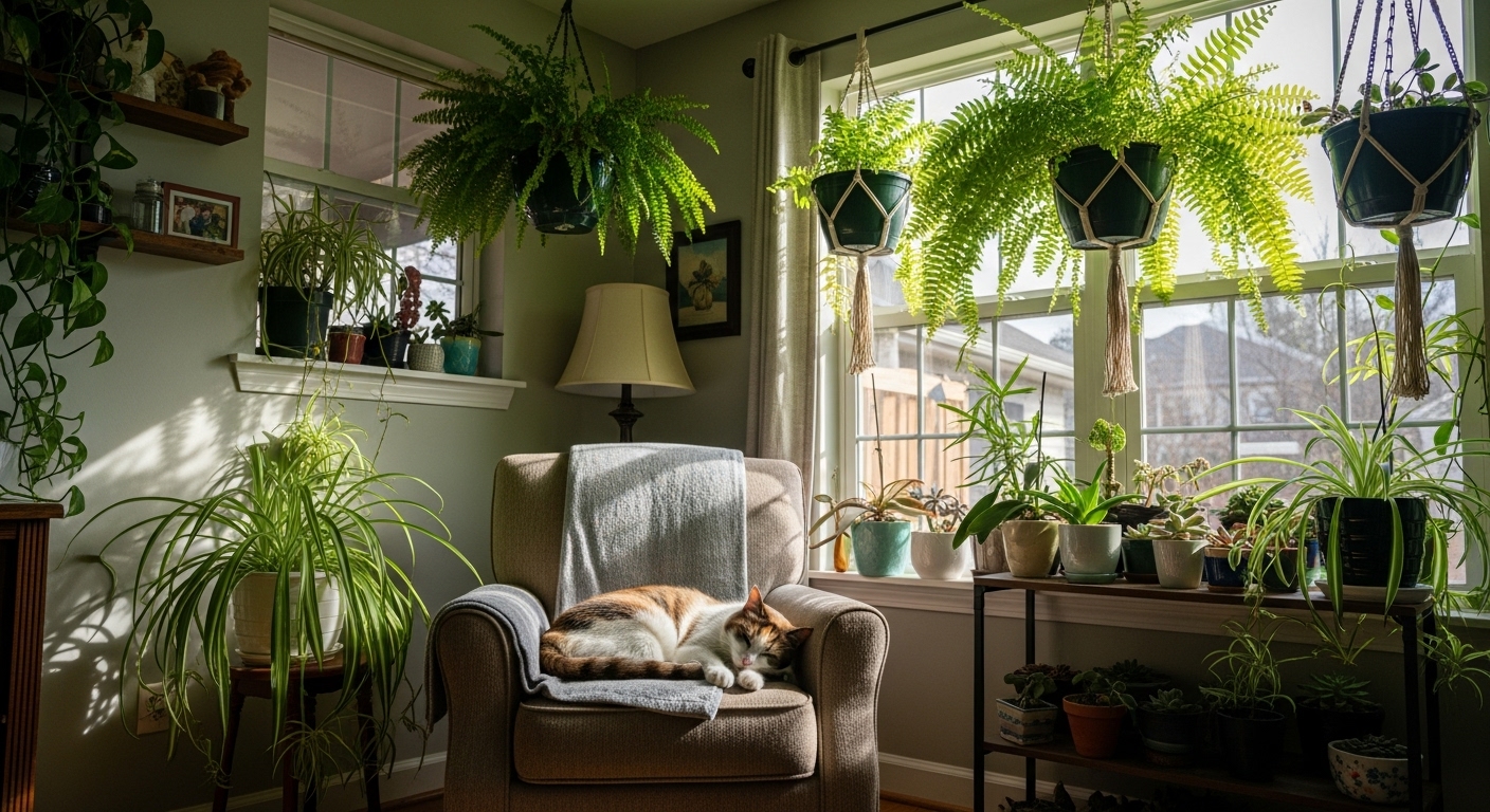 예쁜 식물로 인테리어 되어 있는 집의 모습에 고양이가 자고 있는 모습