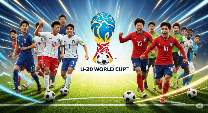 U-20 월드컵 로고와 한국 선수 포함 다양한 국가 선수들이 한데 모인 역동적인 모습