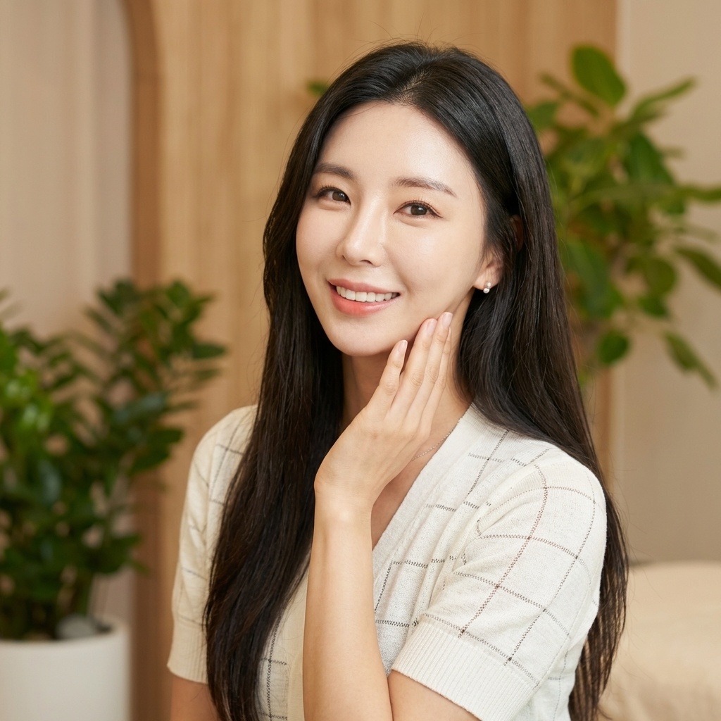 만족스러운 미소와 함께 매끈하고 탄력 있는 턱선을 만지는 30대 초반 한국 여성, 실리프팅 효과를 나타냄.