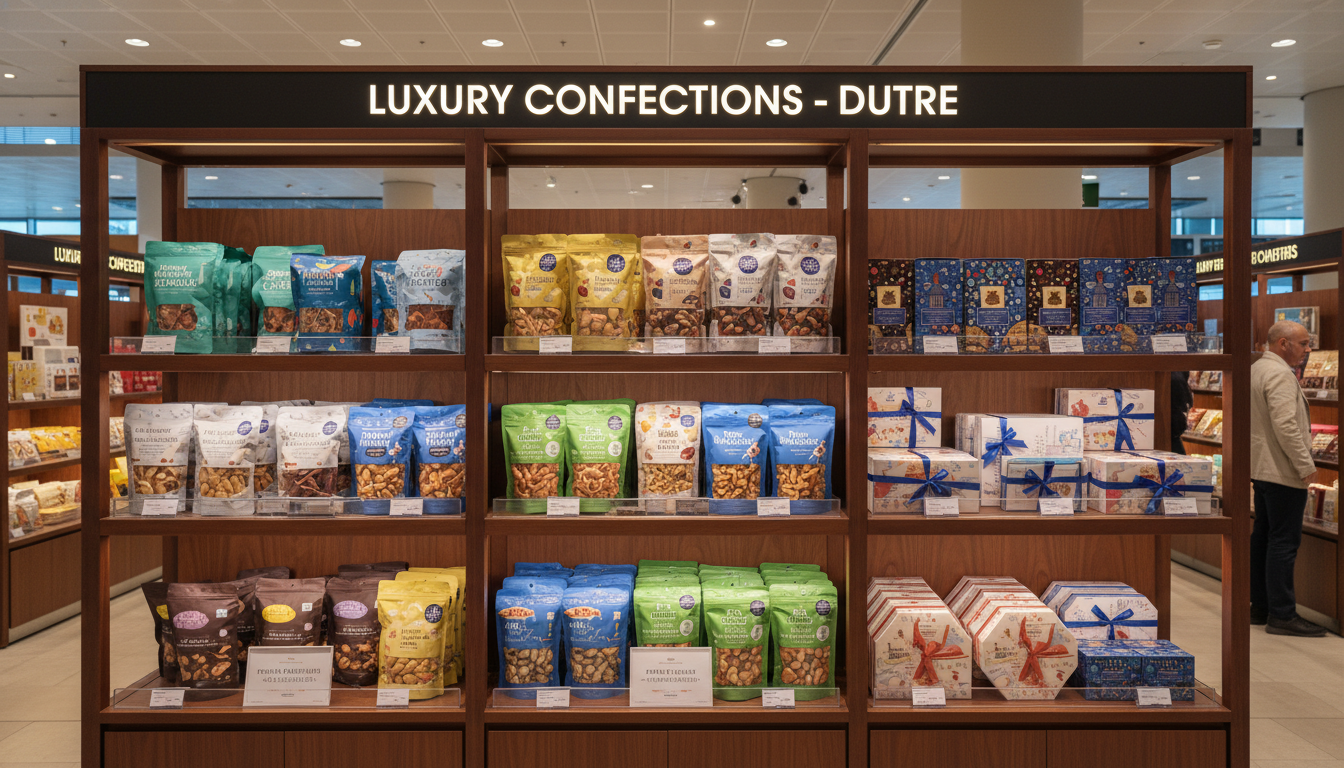 간사이 공항 면세점에 진열된 고급스러운 디저트와 기념품 패키지