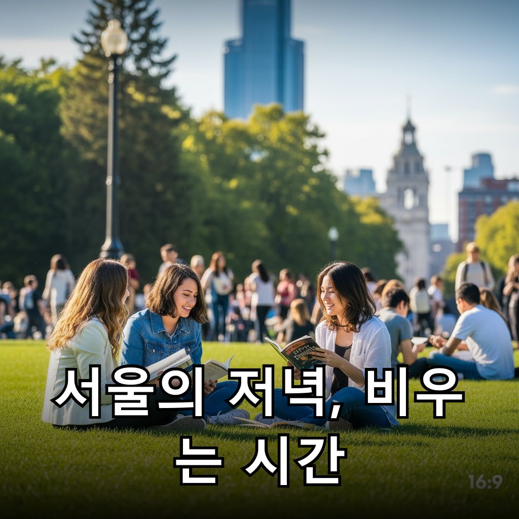 잔디밭 위에서 책을 읽거나 담소를 나누는 사람들의 모습