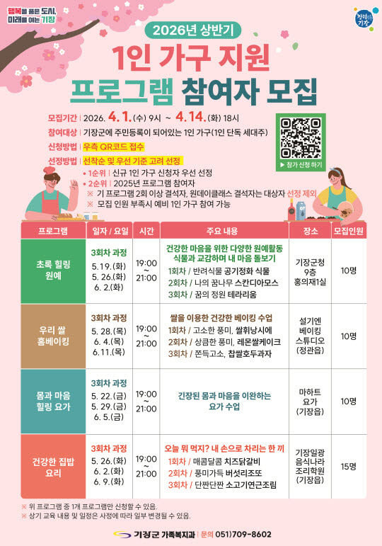2026 기장군 1인 가구 프로그램 모집