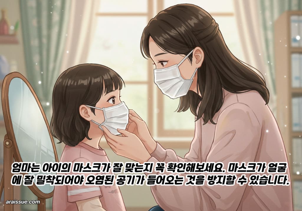 엄마는 아이의 마스크가 잘 맞는지 꼭 확인해보세요. 마스크가 얼굴에 잘 밀착되어야 오염된 공기가 들어오는 것을 방지할 수 있습니다.