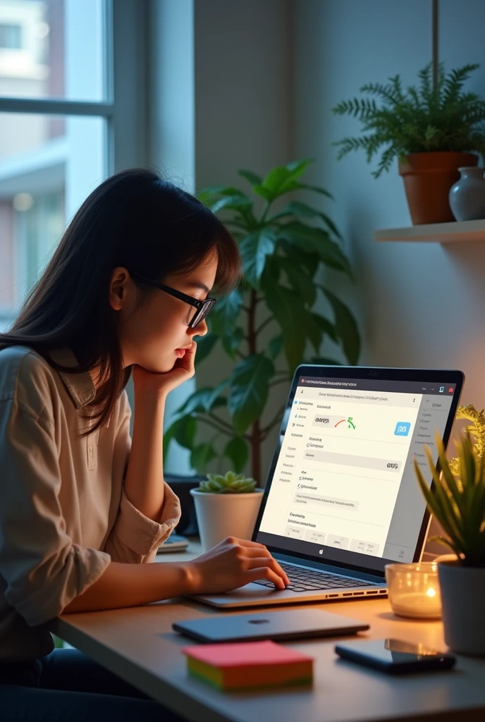 여자가 금융시장 화면을 보고 고민하고 있는 이미지