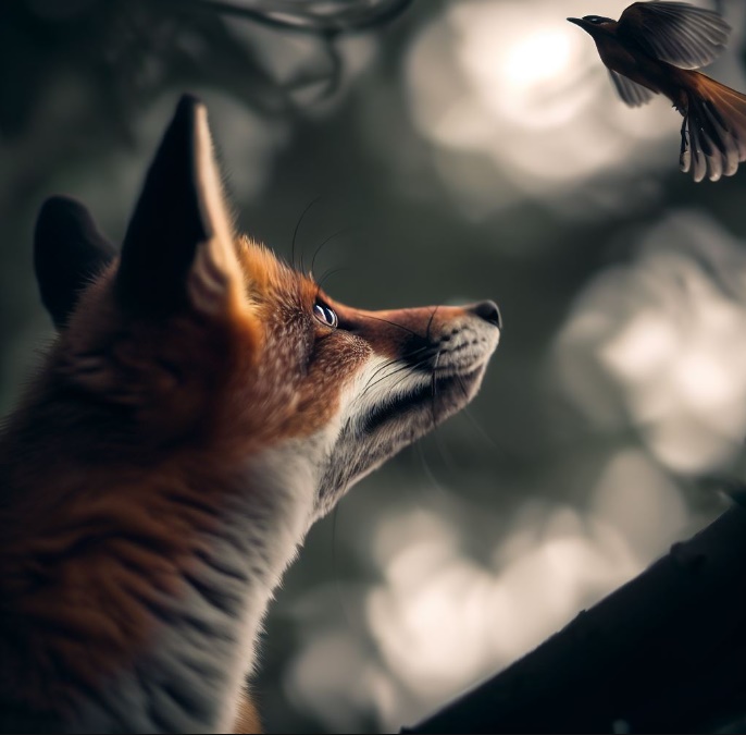 여우가 높은 나무 위의 새를 바라보는 모습(made by Bing)