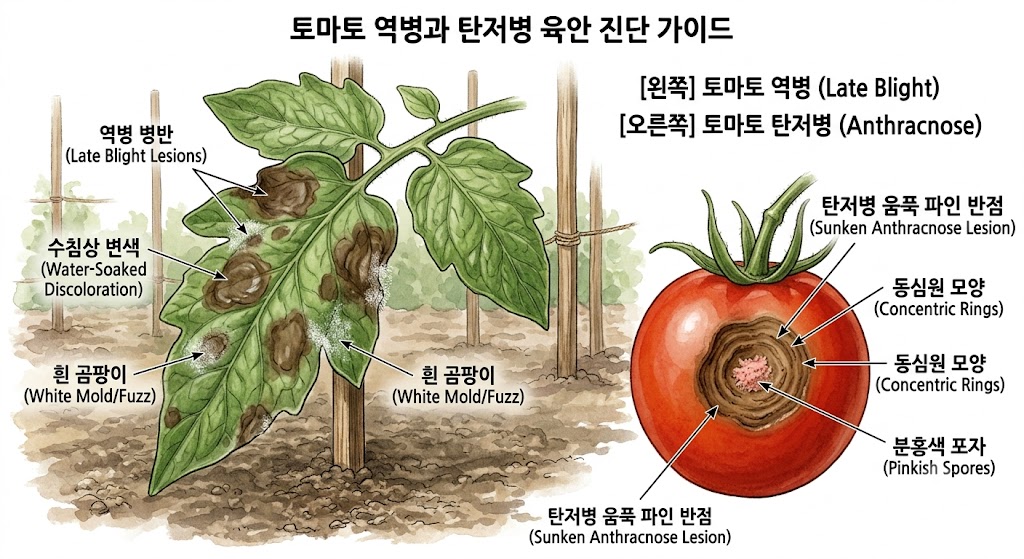 왼쪽에는 큰 갈색 반점과 흰 곰팡이가 핀 토마토 잎사귀를, 오른쪽에는 동심원 모양으로 움푹 파인 갈색 반점이 생긴 붉은 방울토마토 열매를 대비하여 보여주는 텃밭 교육용 삽화