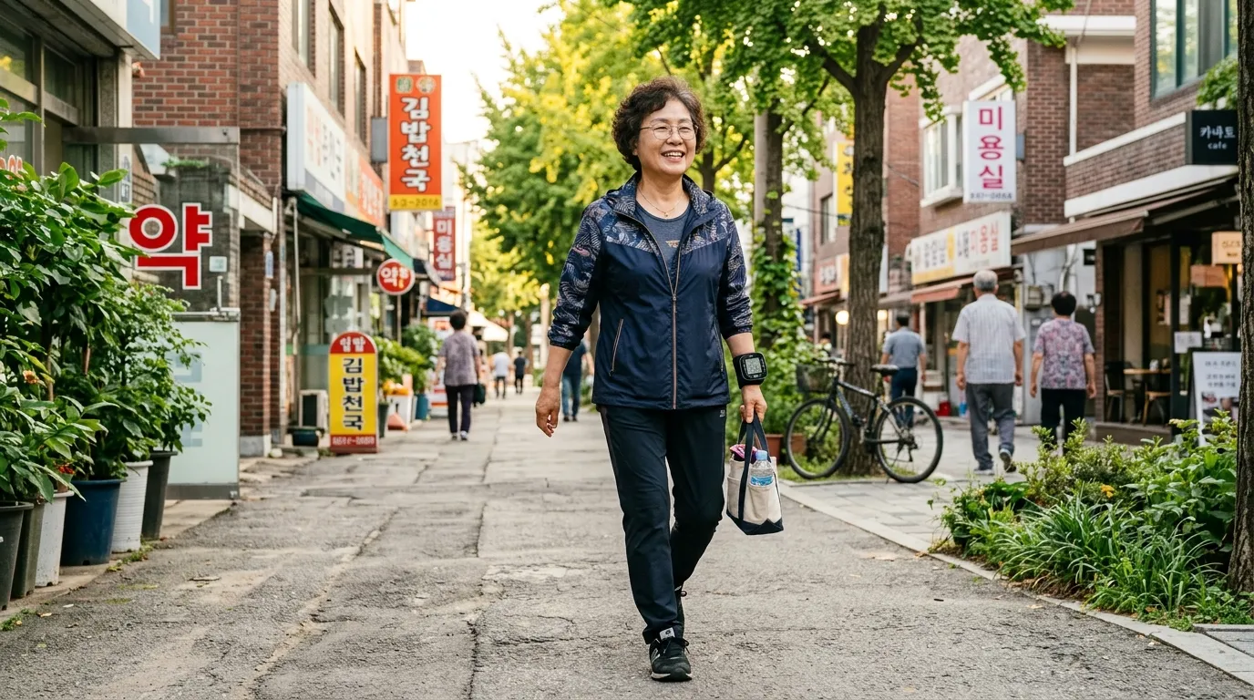 혈압 측정 후 가볍게 걷는 60대 건강 루틴 장면