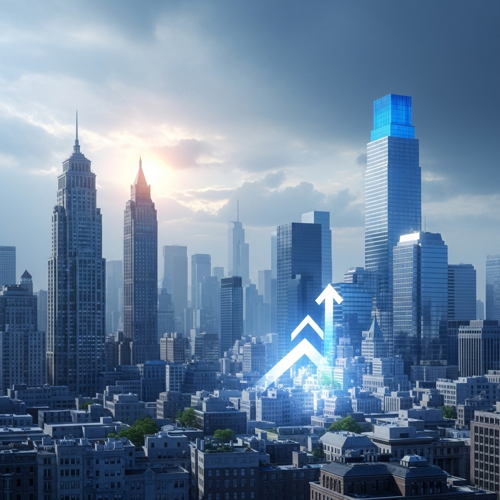 2026년 부동산 시장의 불황 속 기회를 상징하는 도시 풍경. 어두운 배경 속에서 빛나는 현대적인 건물들이 미래 투자 가능성을 암시합니다.