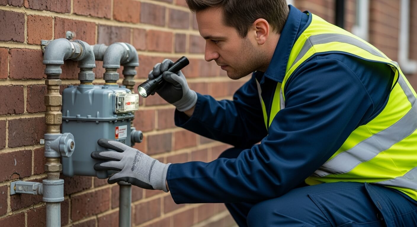 손전등으로 외벽 도시가스 계량기를 점검하는 기술자