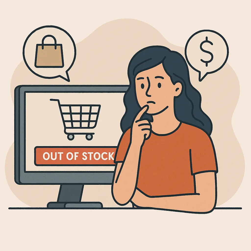 온라인 쇼핑 화면에서 품절 표시를 보고 고민하는 고객의 모습