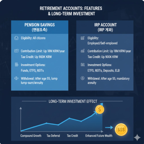 연금저축과 IRP 계좌의 특징 및 장기 투자 효과를 비교하는 다이어그램