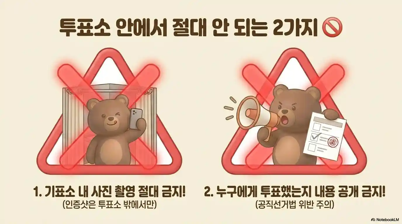 투표소 안 절대 금지 2가지 - 기표소 내 사진 촬영 금지 투표 내용 공개 금지 공직선거법 위반 주의