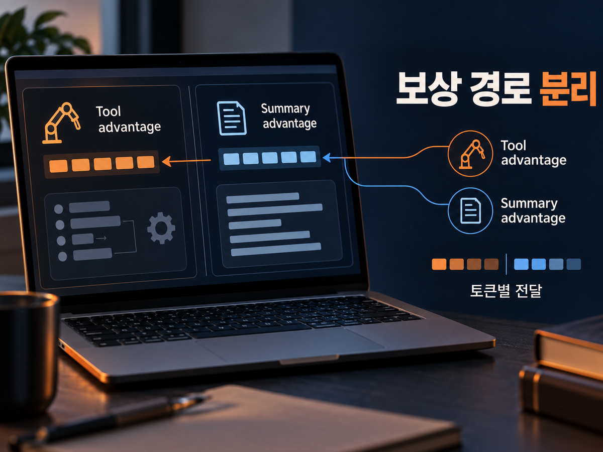 SLCA-GRPO가 tool advantage와 summary advantage를 각 토큰 구간에만 전달하는 보상 경로 구조