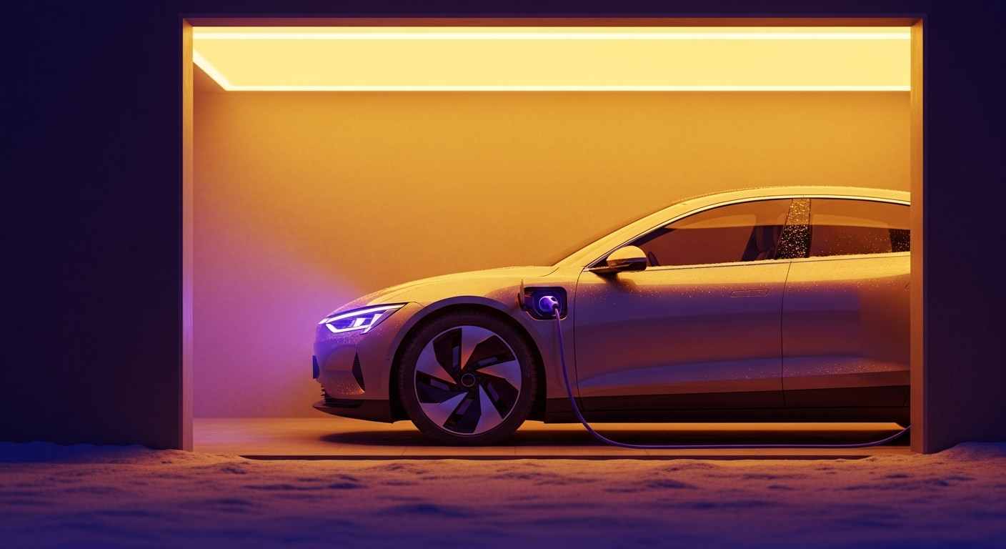 겨울철 따뜻한 실내에서 충전 중인 전기차 배터리 효율 관리 모습