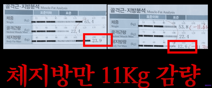 신봉선 11kg 감량 성공한 체지방량 비교 사진