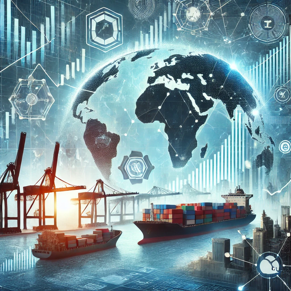 &quot;글로벌 무역과 투자 변동성을 표현한 이미지로, 컨테이너 선박과 금융 차트, 주식 시장 그래프가 포함되어 있습니다. 기술 및 제조업을 상징하는 아이콘이 배치되어 있으며, 경제적 불확실성과 시장 변동성을 강조하는 분위기를 연출합니다.&quot;