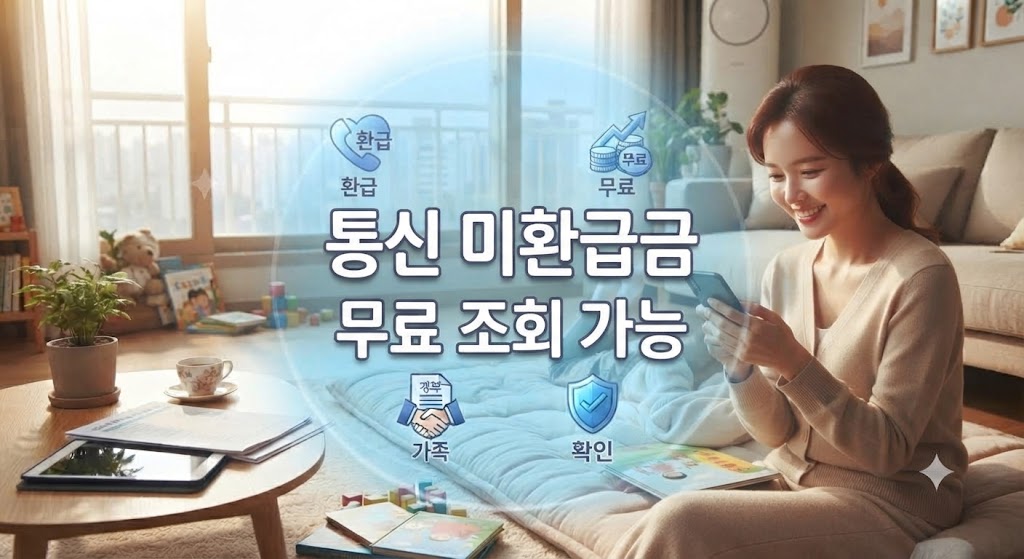 아이 엄마가 휴대폰 통신사를 바꾼 뒤에 미환급 통신비를 조회하는 모습