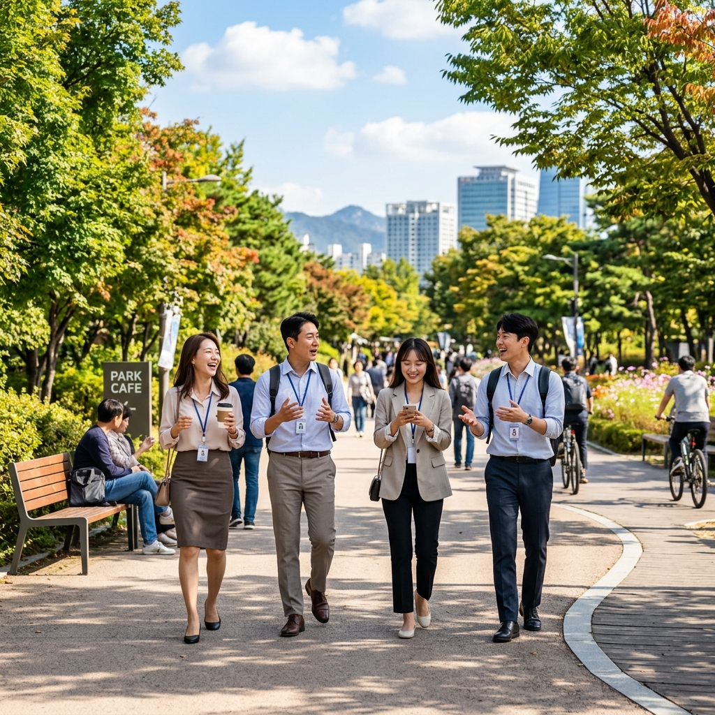 점심 식사 후 맑은 날씨에 가볍게 공원을 산책하며 걷고 있는 직장인들의 활기찬 모습
