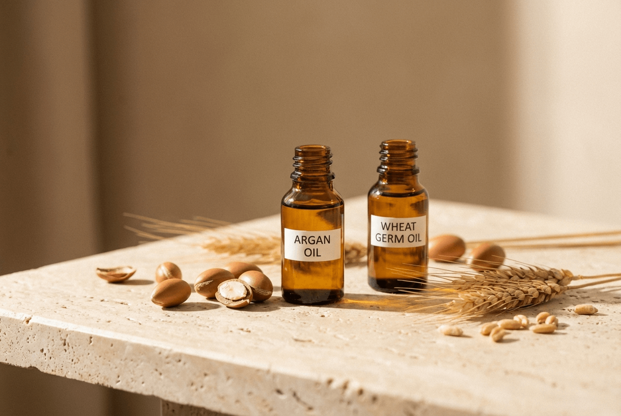 황금빛 곡물과 작은 그릇에 담긴 식물성 오일이 함께 놓여 있는 모습, 피부와 모발 관리를 위한 자연 유래 오일을 표현한 이미지