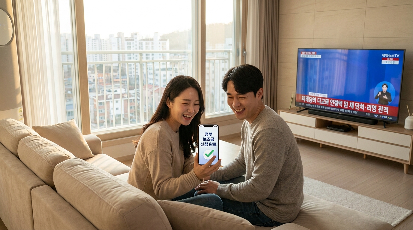스마트폰으로 2026년 민생지원금을 신청하고 기뻐하는 한국인 가족의 모습