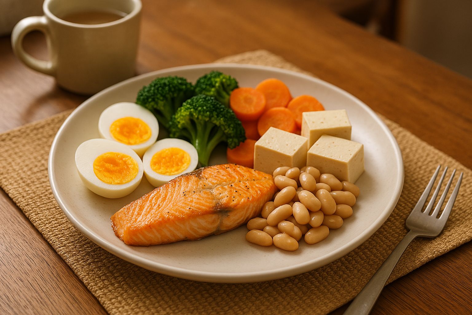 근감소증 개선을 위한 고단백 식단: 생선, 달걀, 두부, 콩류, 다양한 채소가 균형있게 담긴 식사