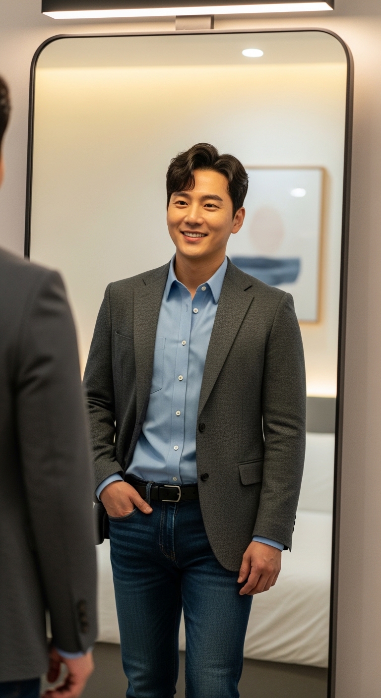 거울 앞에서 자신의 코디를 만족스럽게 바라보는 밝은 표정