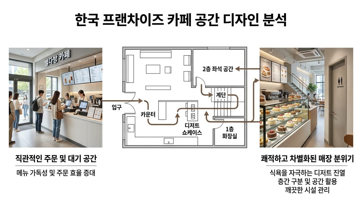 화장실 대기줄이 좌석 공간과 이동 공간에 있을 때의 차이를 비교한 카페 내부 이미지