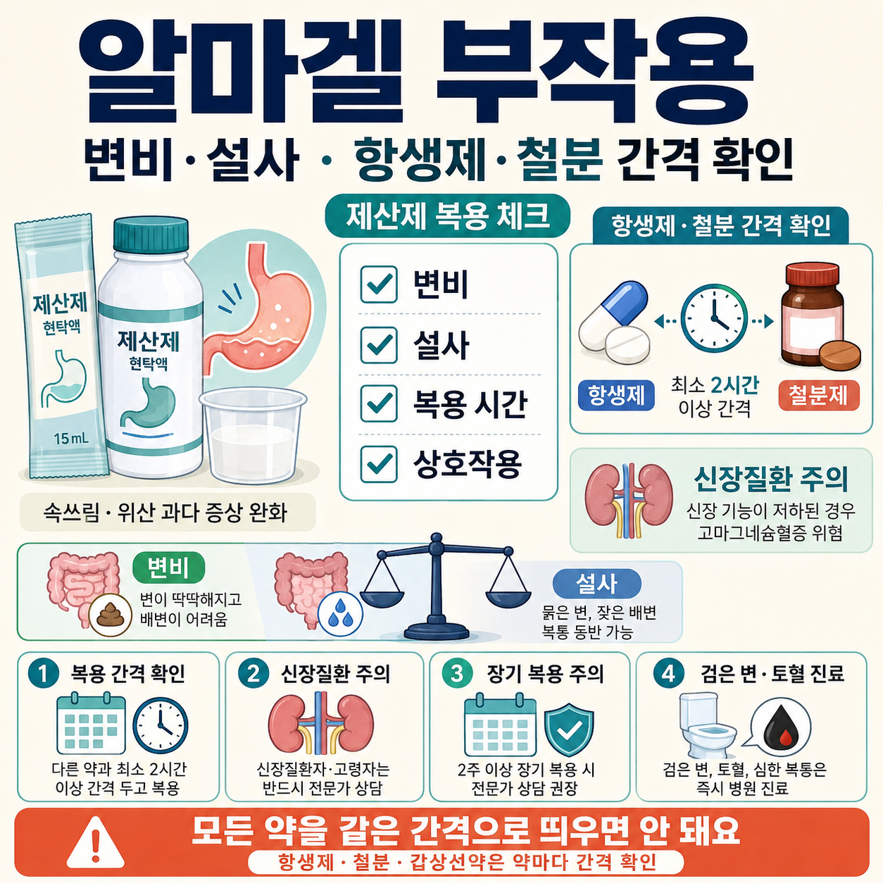 알마겔 알마게이트 성분, 변비·설사, 항생제·철분·갑상선약 복용 간격과 신장질환 주의를 확인하는 카드형 이미지