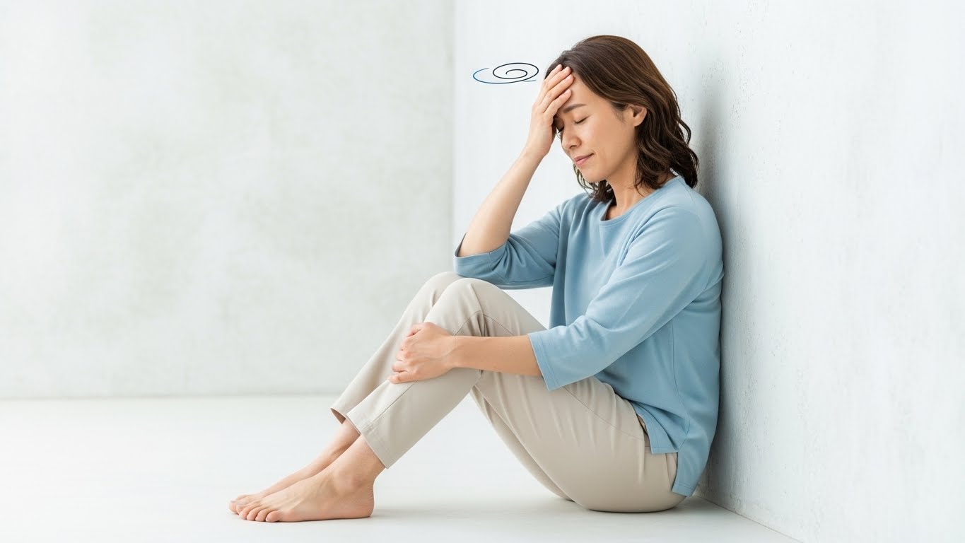 Calm illustration showing safe steps to take when feeling dizzy