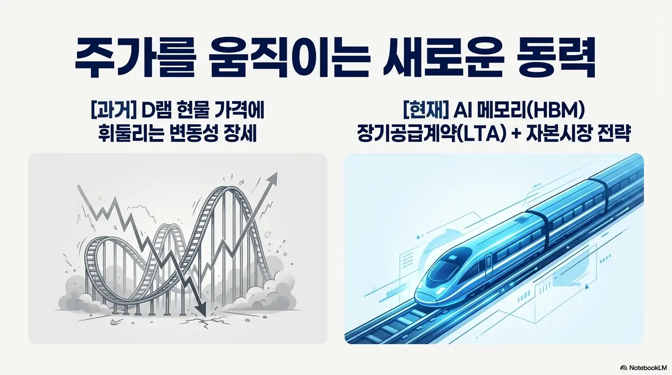 SK하이닉스 주가를 움직이는 동력 변화를 비교한 이미지. 과거 D램 현물 가격에 휘둘리던 변동성 장세에서, 현재 AI 메모리 HBM 장기공급계약과 자본시장 전략 중심으로 바뀐 구조를 시각적으로 전달하며, 블로그 본문의 주가 동력 분석 내용을 설명함.