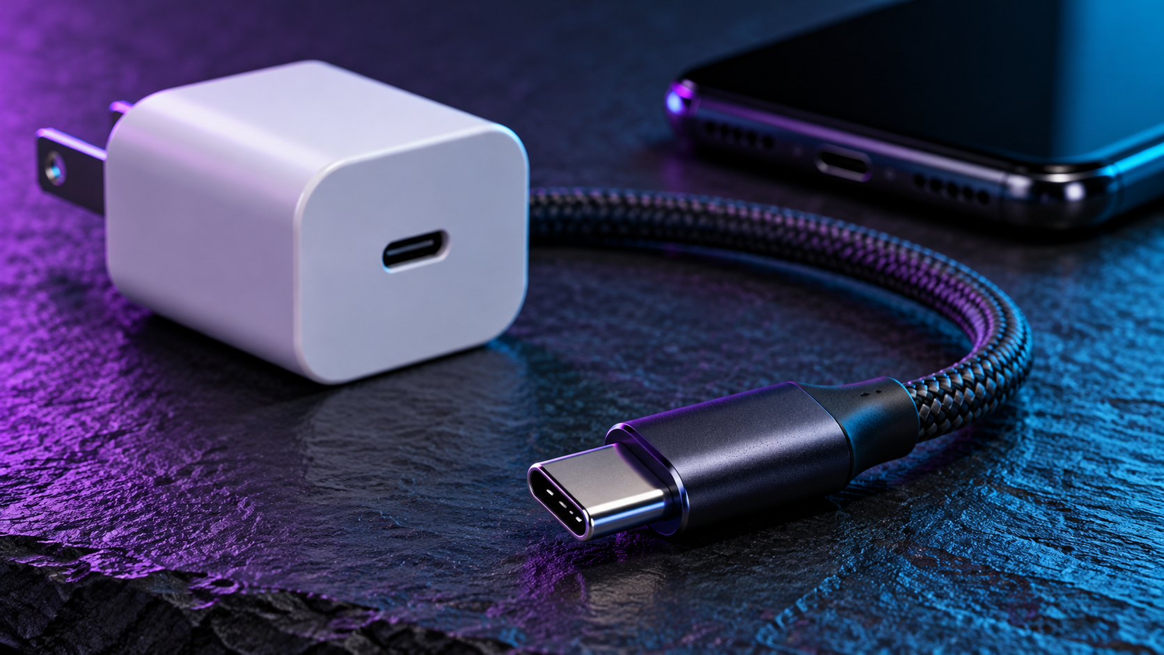 USB-C 충전기와 충전 케이블 단자를 표현한 이미지