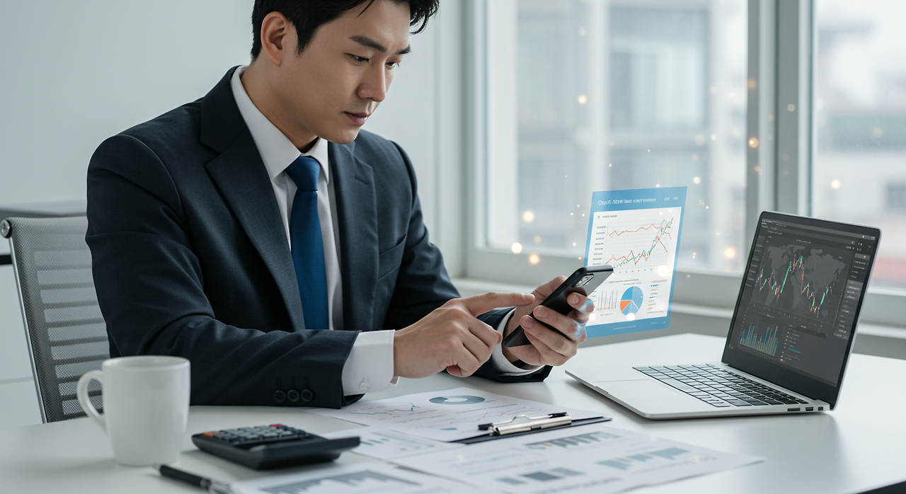 스마트폰을 이용해 온라인으로 주식 계좌를 개설하는 현대적인 사무실에 앉아 있는 한국인 사업가