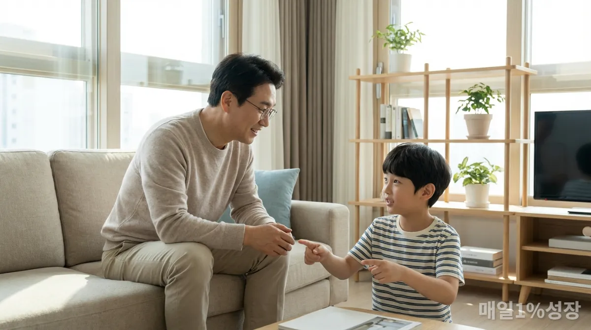 한국인 아버지가 아들의 이야기를 인내심 있게 경청하는 모습
