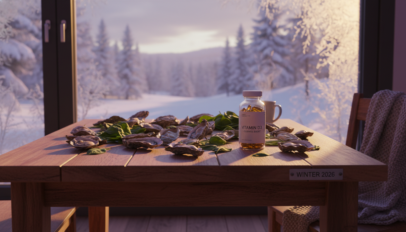 2026년 겨울, 햇살이 비치는 테이블 위 신선한 굴, 시금치, 비타민D 영양제가 놓여 있는 모습