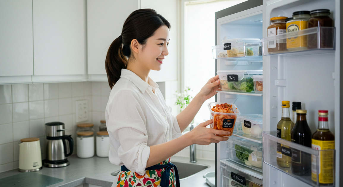 냉장고 낭비 줄이게 정리중인 여성 이미지