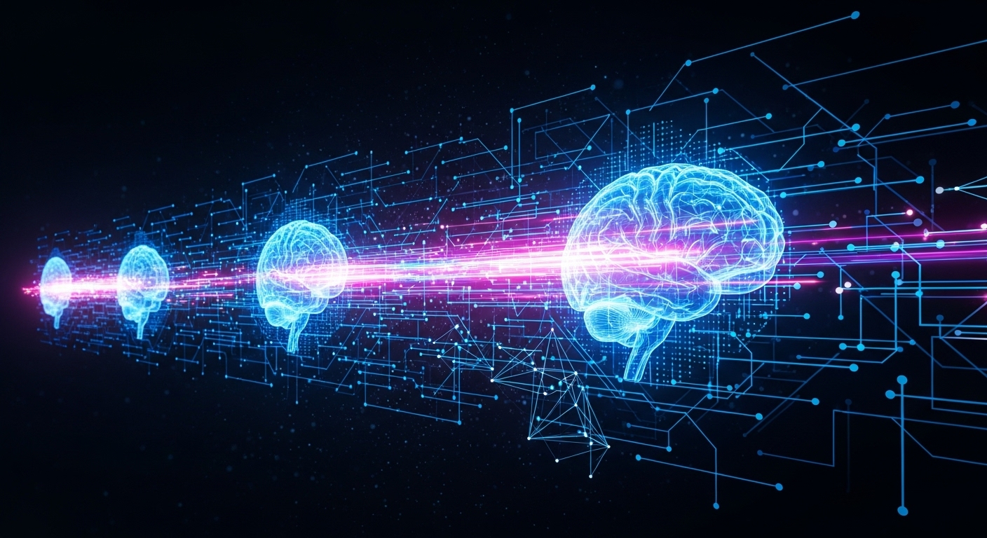 인공지능(AI)과 반도체 기술의 발전을 상징하는 복잡하게 연결된 디지털 회로망. 미래 성장 산업의 혁신과 시장 주도력을 표현합니다.