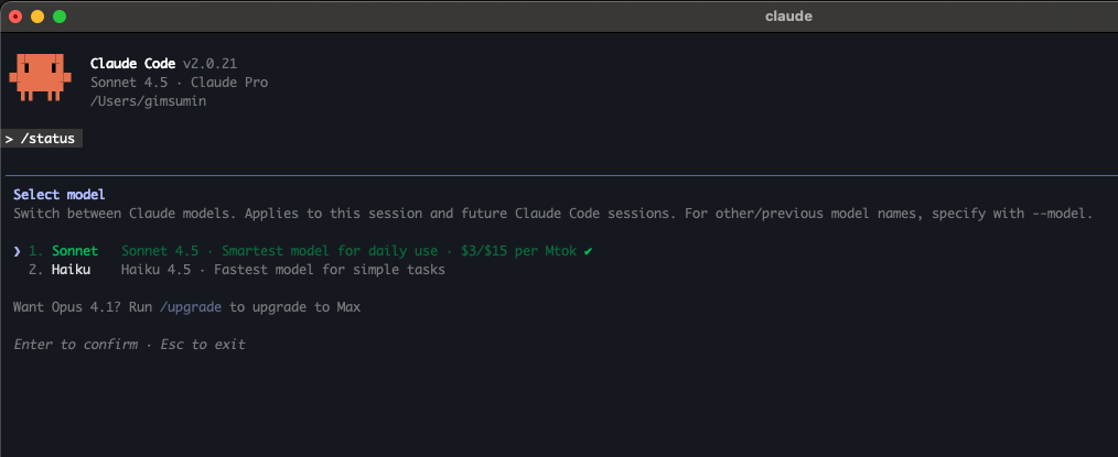 claude code 실행하여 haiku 4.5 모델 확인하는 모습