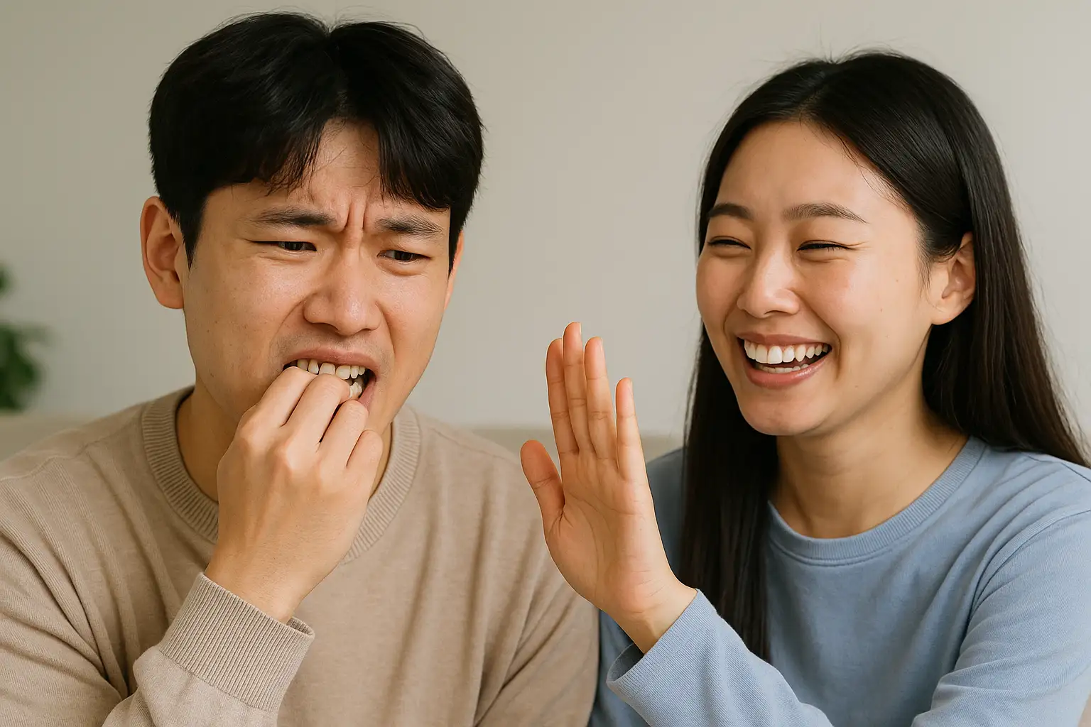 친구가 웃으며 ‘손톱 물어뜯지 마’라고 제스처 하는 장면