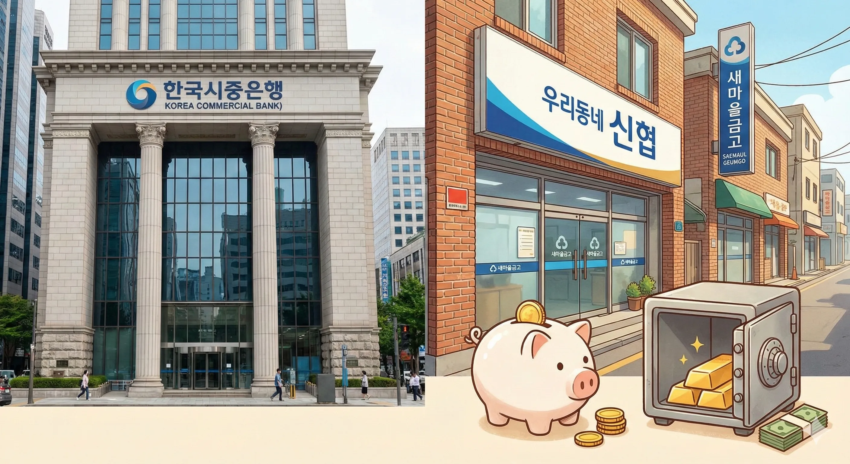 시중은행 1금융권과 신협 새마을금고 2금융권 외관 비교 일러스트