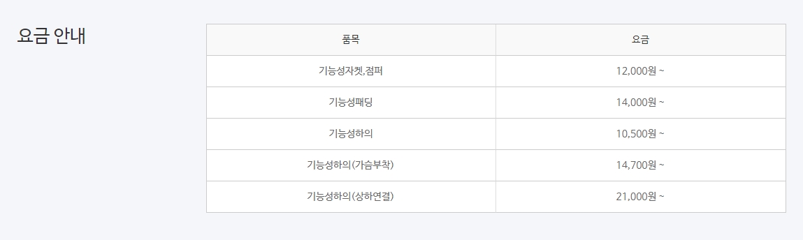 아웃도어 및 스키복 세탁 요금 안내
