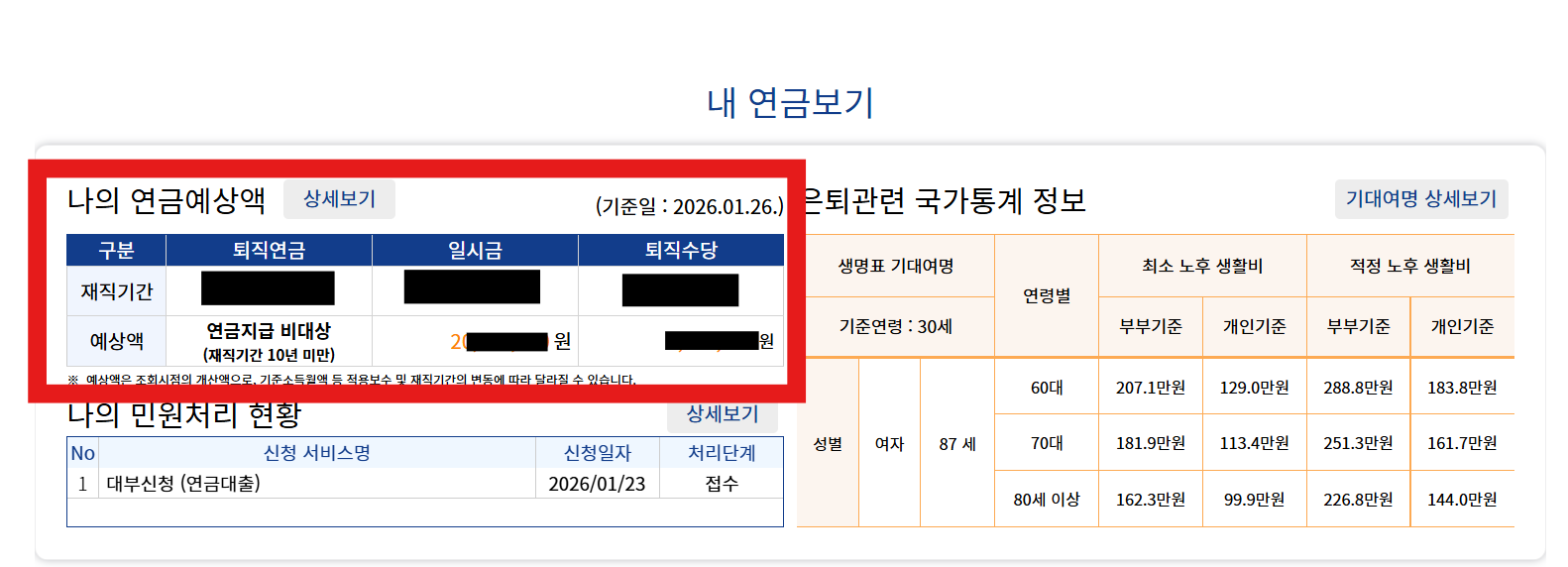 나의 연금 예상액 화면