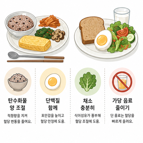잡곡밥과 달걀, 채소 또는 통곡물빵과 샐러드로 구성한 공복혈당 아침식단