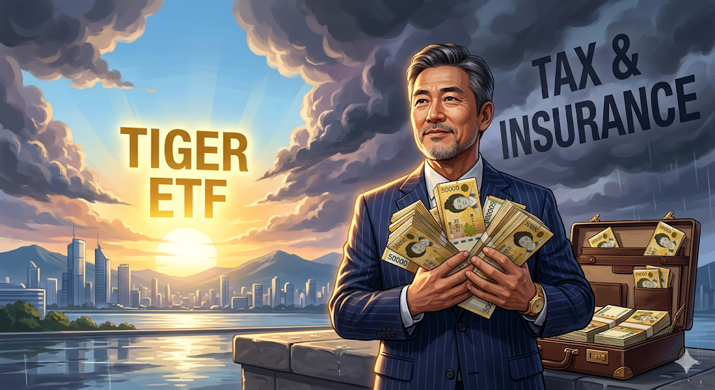 수표 다발을 쥔 자산가 뒤로 금융소득종합과세 먹구름이 걷히고 TIGER 반도체 ETF 태양이 떠오르는 강렬한 일러스트