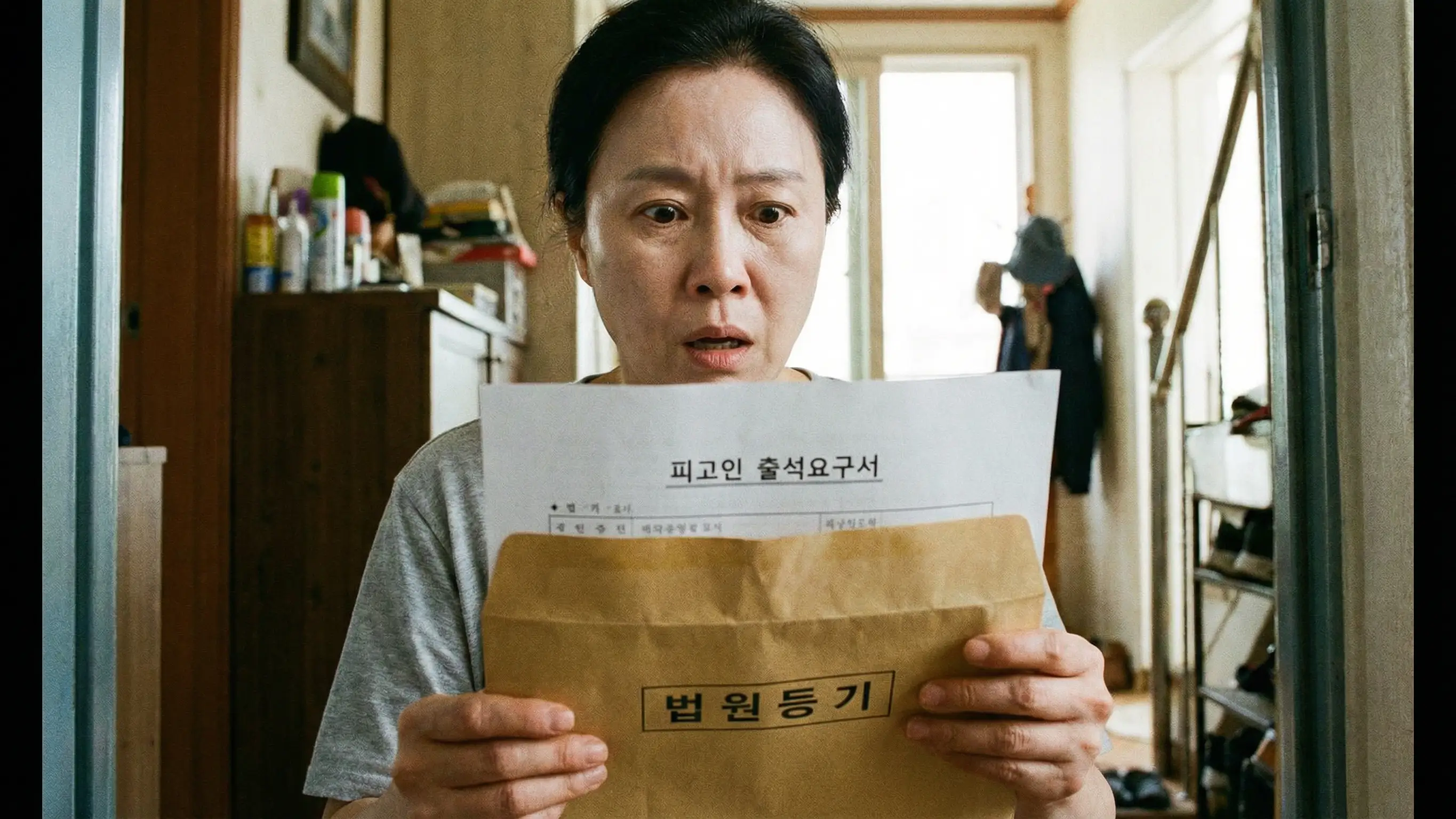 법원에서 온 등기 우편물을 손에 들고 내용물을 확인하며 당황하는 사람의 클로즈업