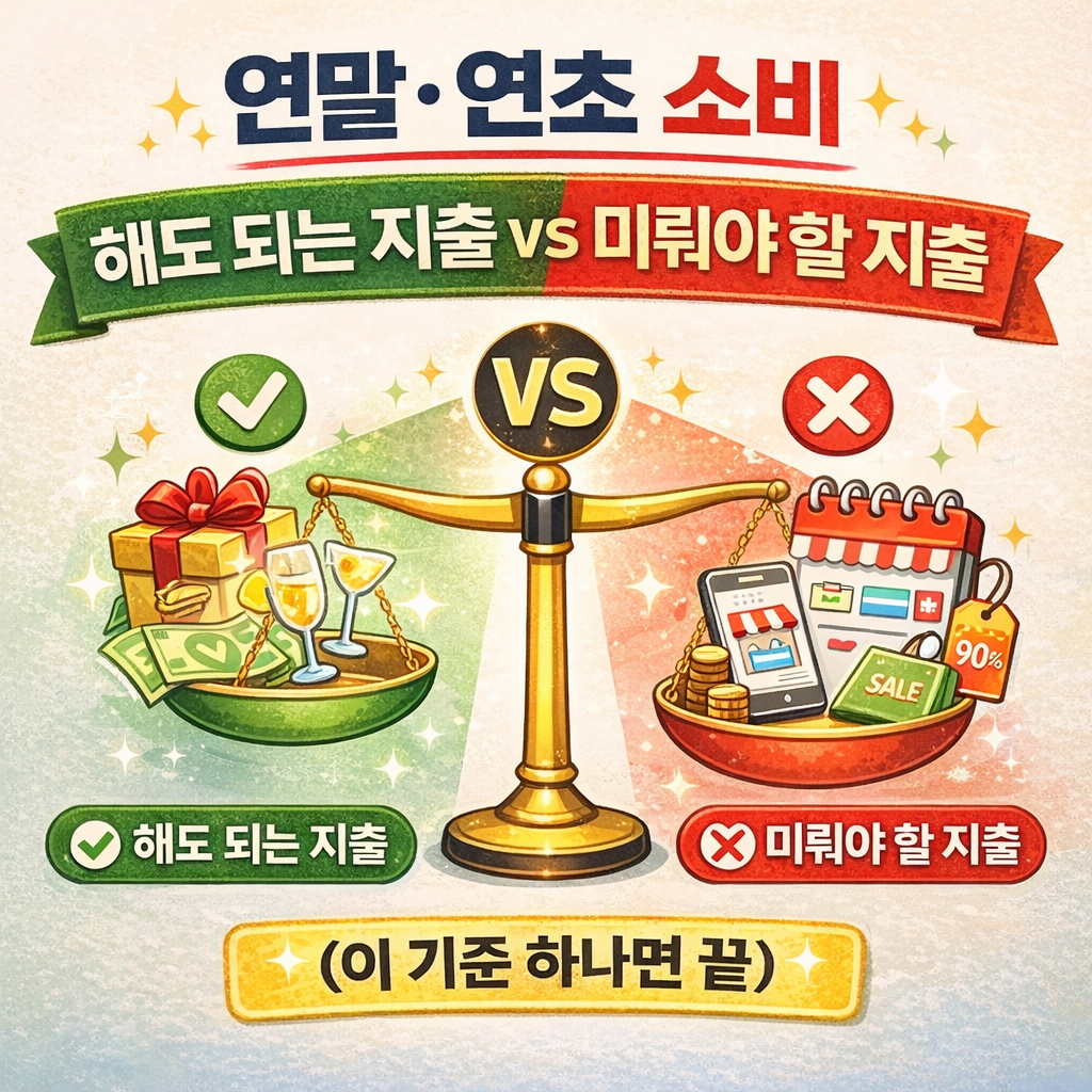 연말&middot;연초 소비, 해도 되는 지출 vs 미뤄야 할 지출 (이 기준 하나면 끝)
연말소비,연초소비,지출관리,소비기준,절약루틴,짠테크,생활비절약,돈관리,무지출챌린지,가계부