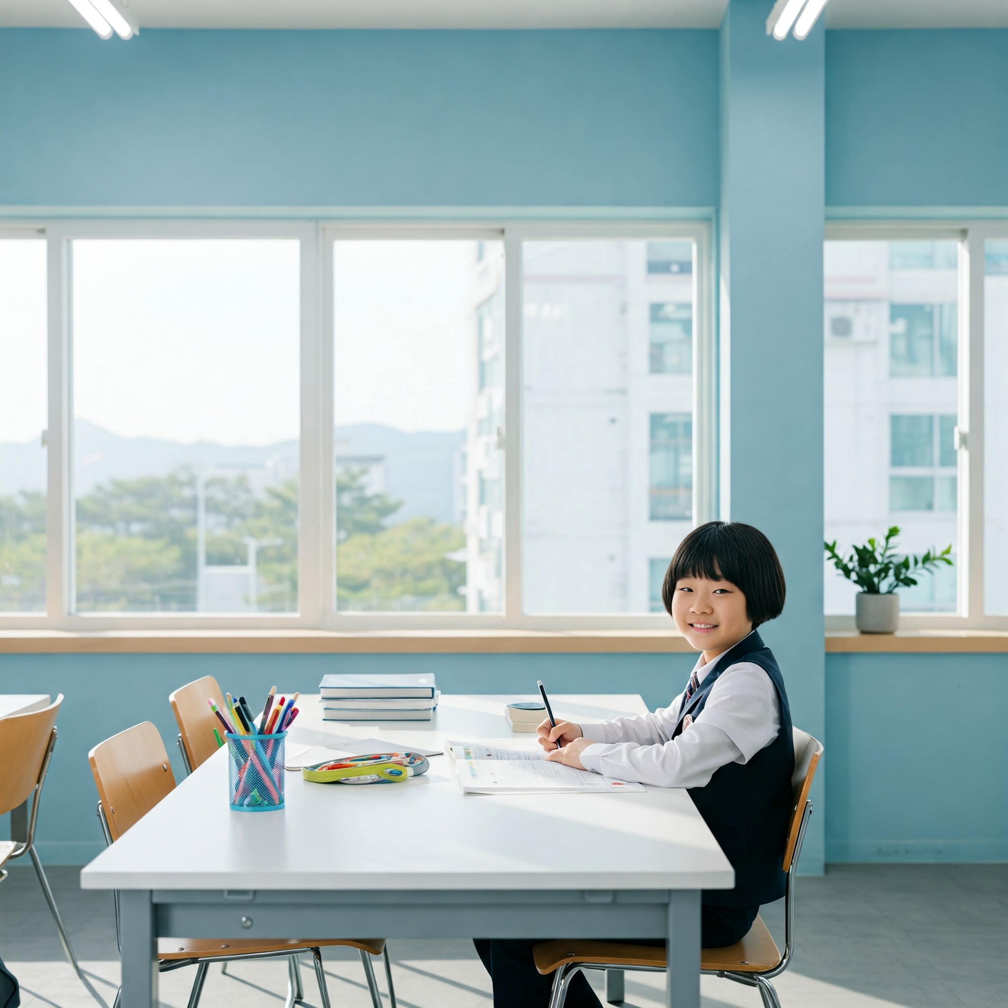 넓은 교실에서 자기주도학습 중인 초등학생