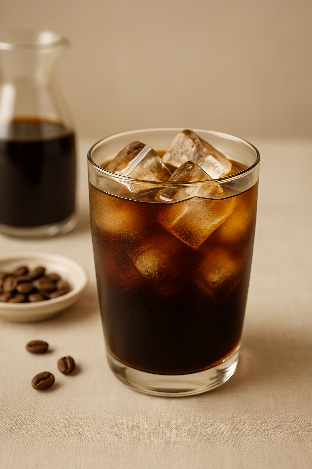 투명한 유리잔에 담긴 얼음 가득 아이스 아메리카노 한 잔