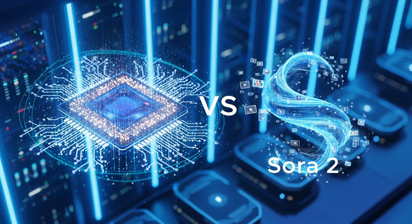 양자 컴퓨팅 칩과 소라 2(AI 영상) 아이콘이 융합된 모습. AI 인프라의 폭발적인 성장을 상징]