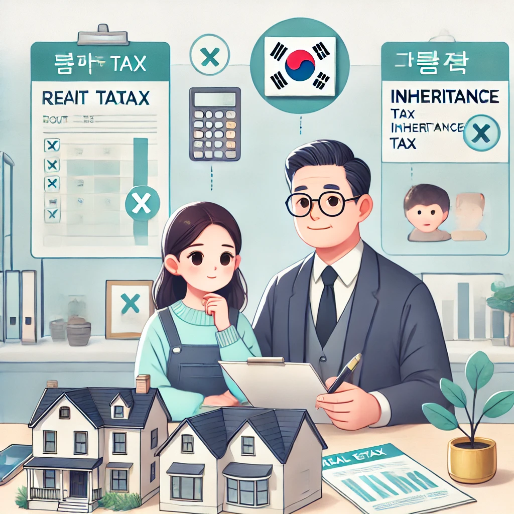 “한국의 가족이 세무 전문가와 함께 부동산 증여 및 상속세 절세 전략을 상담하는 장면. 배경에는 ‘증여세’, ‘상속세’ 문서와 모델 주택, 절세 전략 차트가 포함되어 있음.”