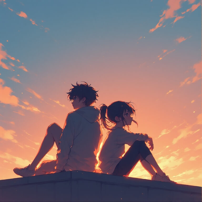 노을빛 아래 나란히 앉아 있는 두 인물의 실루엣을 담은 우정 상징 일러스트